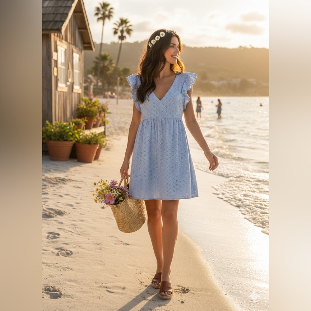 Jessica Simpson Light Blue Eyelet Romantic Cottagecore Summer Dress‎ Size Medium